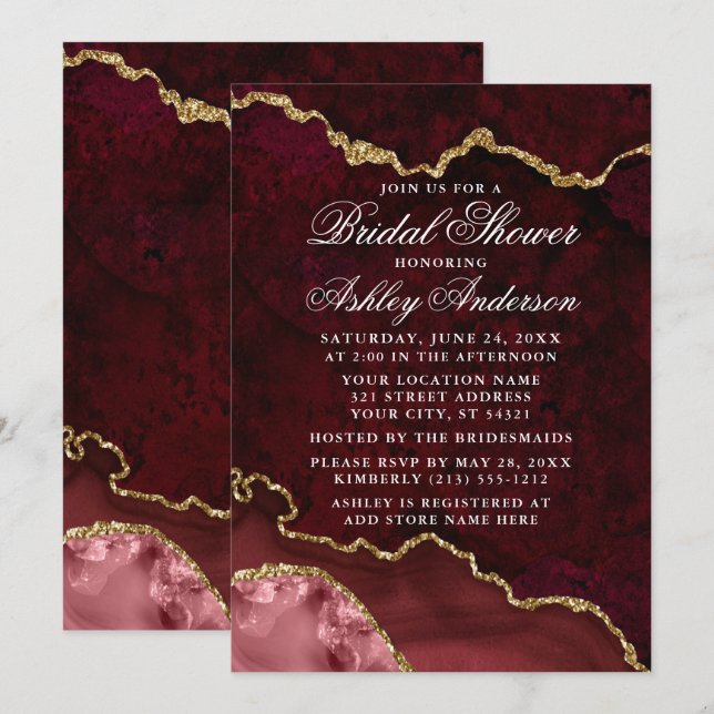 Bridal Shower Watercolor Burgundy Gold Marble Invitation (Front/Back)