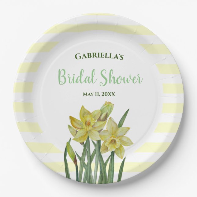 Bridal Shower Watercolor Daffodils Illustration Paper Plates (Front)