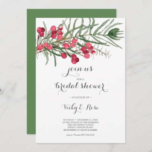 Bridal Shower Watercolor Evergreen and Red Berries Invitation