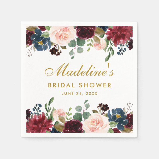 Bridal Shower Watercolor Floral Burgundy Blue Gold Napkins (Front)