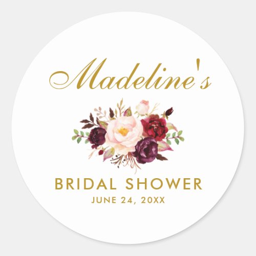 Bridal Shower Watercolor Floral Burgundy Gold Classic Round Sticker