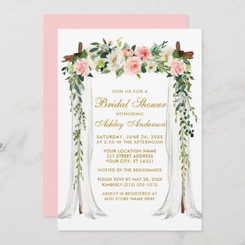 Bridal Shower Watercolor Floral Canopy Pink Gold Invitation