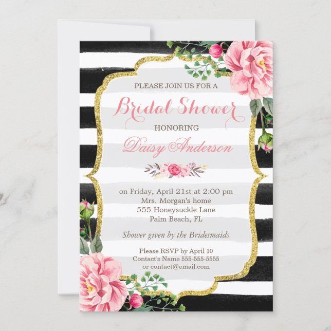 Bridal Shower Watercolor Floral Gold Glitter Decor Invitation (Front)
