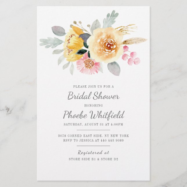 Bridal Shower Watercolor Floral Modern Script  Stationery (Front)