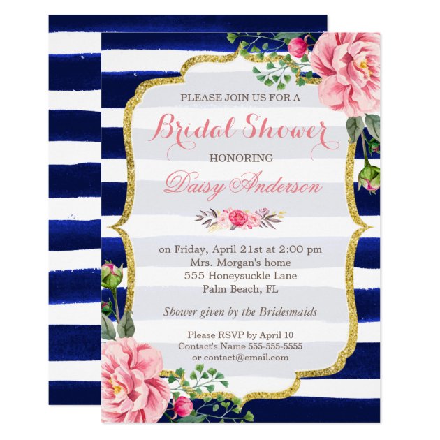 Bridal Shower Watercolor Floral Navy Blue Stripes Invitation