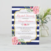 Bridal Shower Watercolor Floral Navy Blue Stripes Invitation (Standing Front)