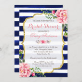 Bridal Shower Watercolor Floral Navy Blue Stripes Invitation (Front/Back)