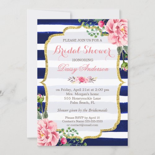 Bridal Shower Watercolor Floral Navy Blue Stripes Invitation