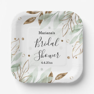 bridal shower watercolor green gold botanical chic paper plates