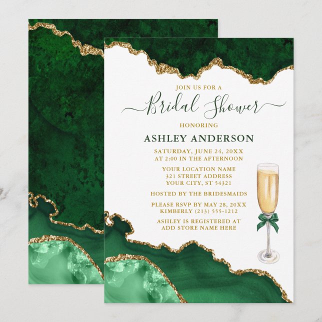Bridal Shower Watercolor Green Marble Geode Gold Invitation (Front/Back)