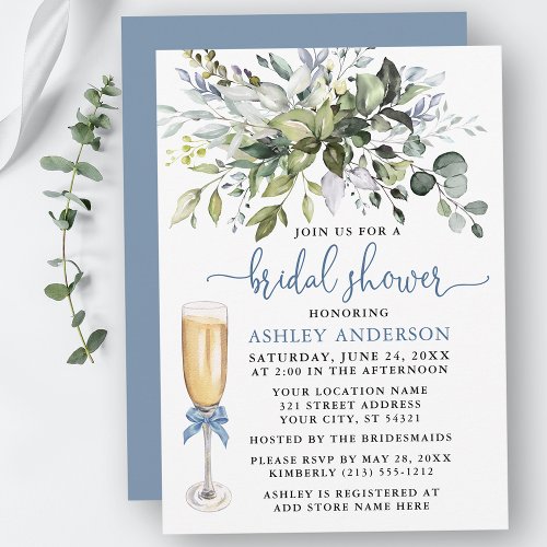 Bridal Shower Watercolor Greenery Dusty Blue Bow Invitation