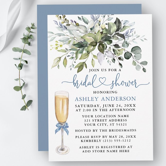 Bridal Shower Watercolor Greenery Dusty Blue Heart Invitation (Customize to change your personalized text color, text style or color of back of card.)
