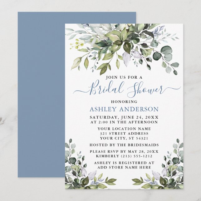 Bridal Shower Watercolor Greenery Dusty Blue Invitation (Front/Back)