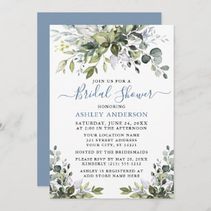 Bridal Shower Watercolor Greenery Dusty Blue Invitation