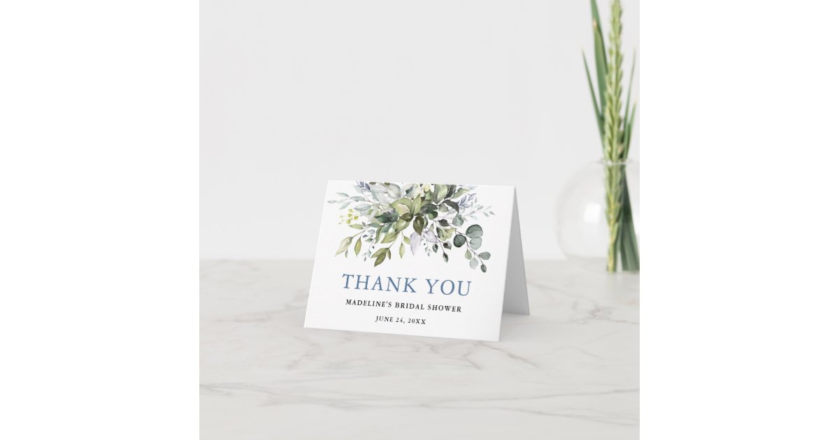 Bridal Shower Watercolor Greenery Dusty Blue Note Thank You Card | Zazzle