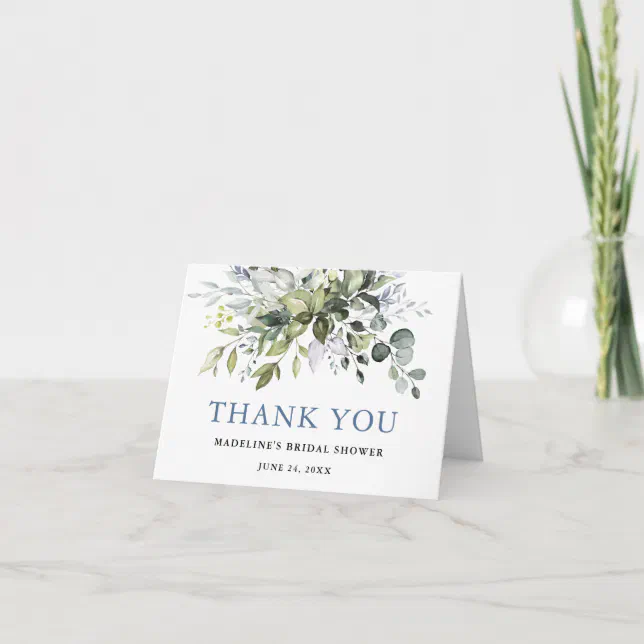 Bridal Shower Watercolor Greenery Dusty Blue Note Thank You Card | Zazzle