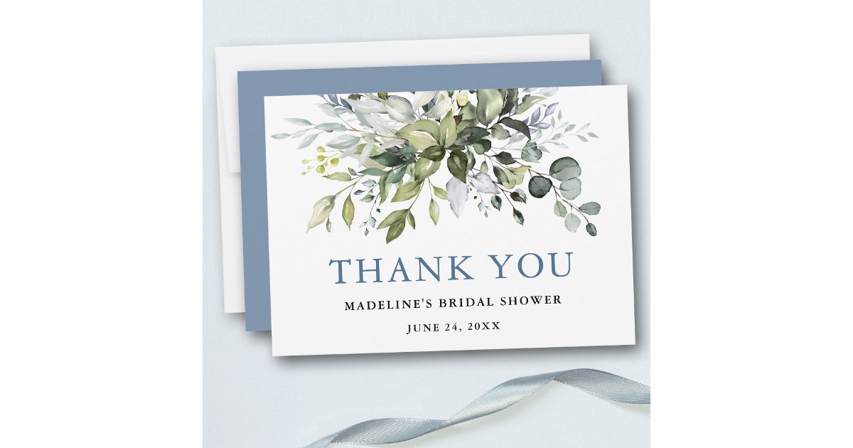 Bridal Shower Watercolor Greenery Dusty Blue Thank You Card | Zazzle