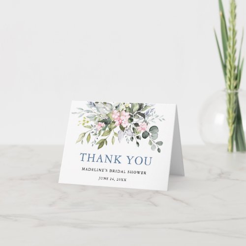 Bridal Shower Watercolor Greenery Pink Dusty Blue  Thank You Card