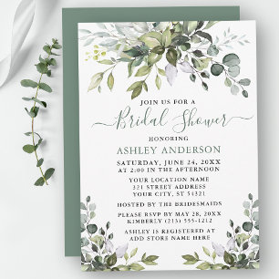 Bridal Shower Watercolor Greenery Sage Green Invitation