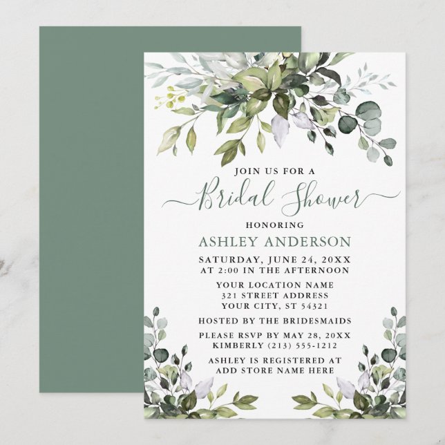 Bridal Shower Watercolor Greenery Sage Green Invitation (Front/Back)