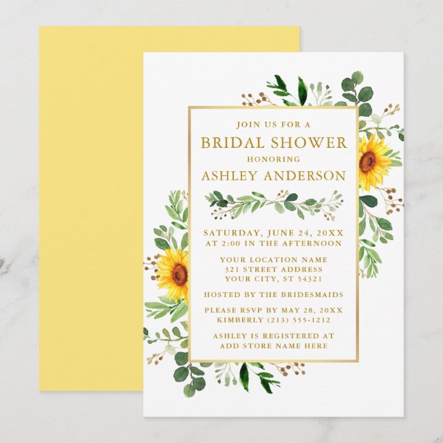Bridal Shower Watercolor Greenery Sunflowers Gold Invitation (Front/Back)