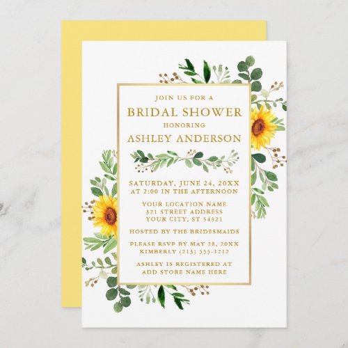 Bridal Shower Watercolor Greenery Sunflowers Gold Invitation