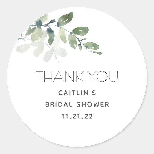 Bridal Shower Watercolor Greenery Thank You Classic Round Sticker (Front)
