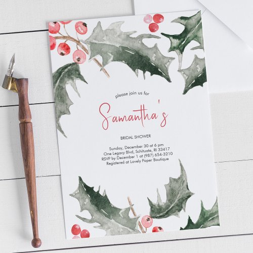 Bridal Shower Watercolor Holly Christmas Invitation