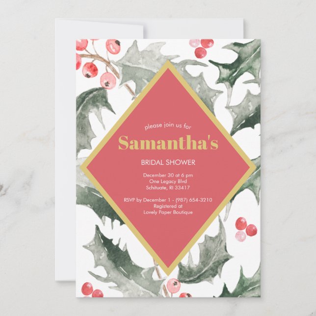 Bridal Shower Watercolor Holly Christmas Invitation (Front)