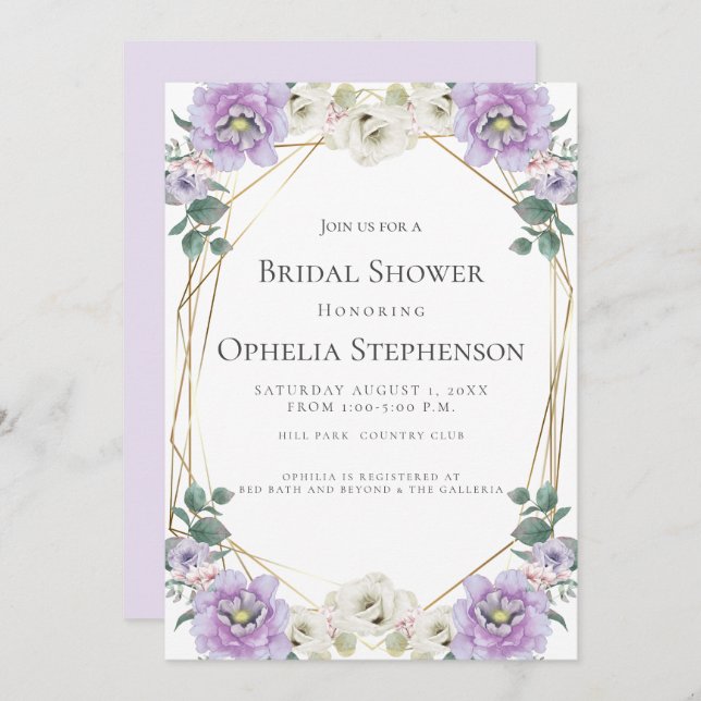 BRIDAL SHOWER | Watercolor Lavender Peonies Frame Invitation (Front/Back)