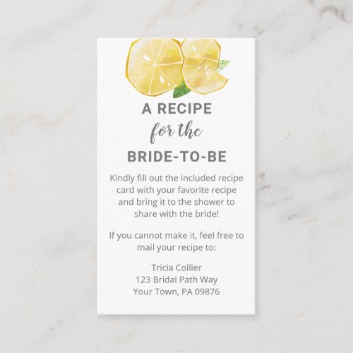 Bridal Shower Watercolor Lemon Recipe Request Enclosure Card