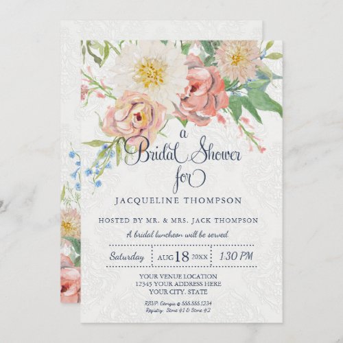 Bridal Shower Watercolor Navy Blue n White Floral Invitation