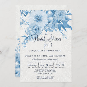 Bridal Shower Watercolor Navy Blue n White Floral Invitation