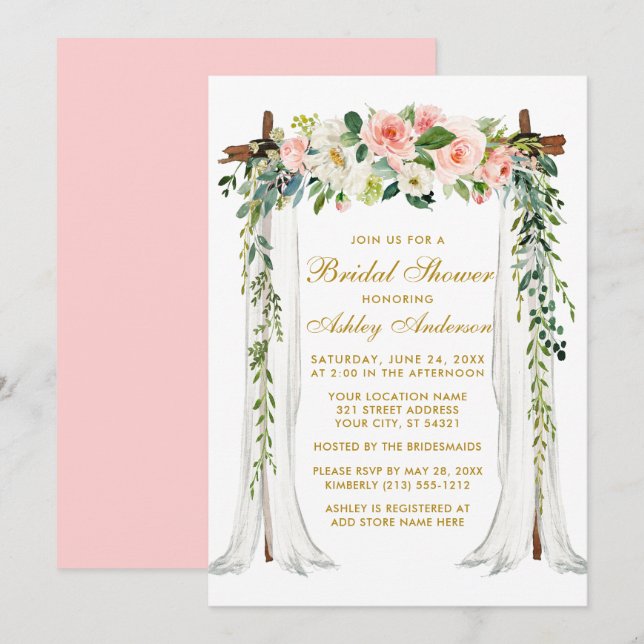 Bridal Shower Watercolor Pink Floral Canopy Gold Invitation (Front/Back)