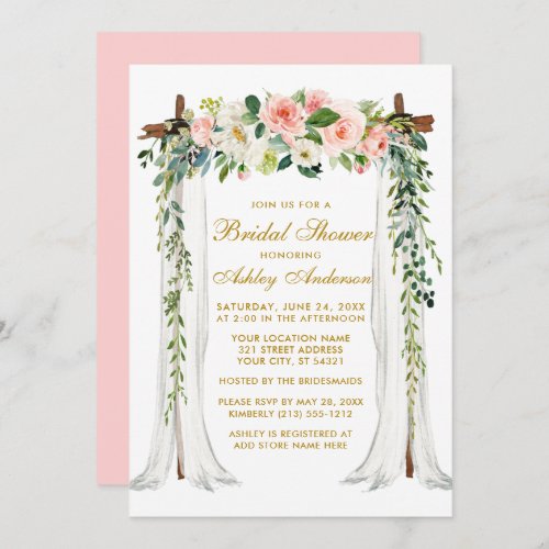 Bridal Shower Watercolor Pink Floral Canopy Gold Invitation