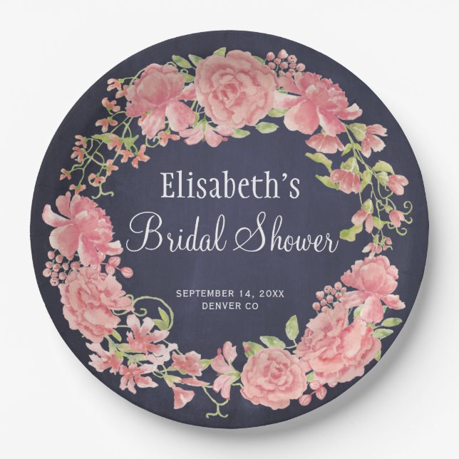 Bridal shower watercolor pink floral navy paper plates (Front)