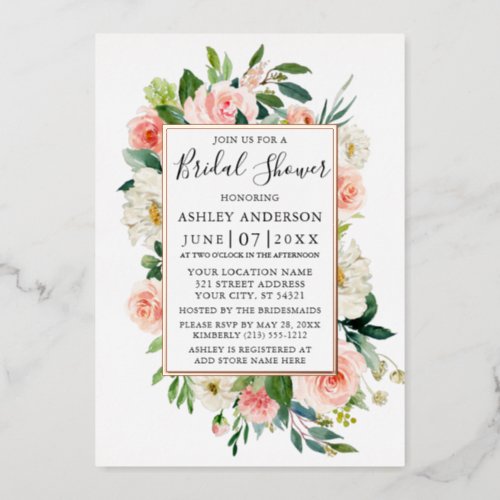 Bridal Shower Watercolor Pink Floral Rose Gold Foil Invitation