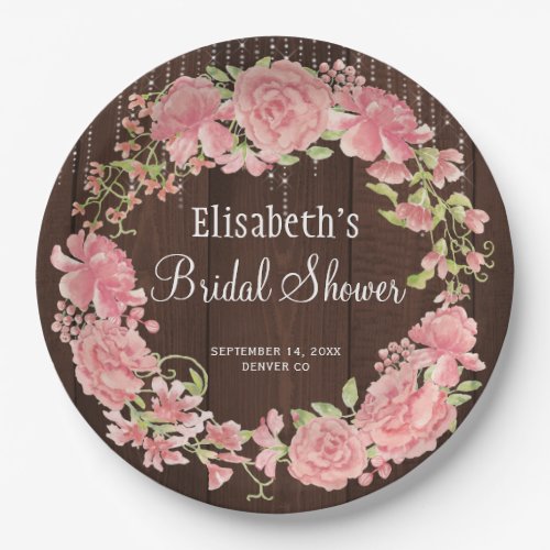 Bridal shower watercolor pink floral wood paper plates