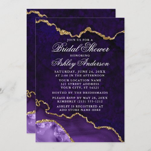 Bridal Shower Watercolor Purple Gold Marble Geode Invitation