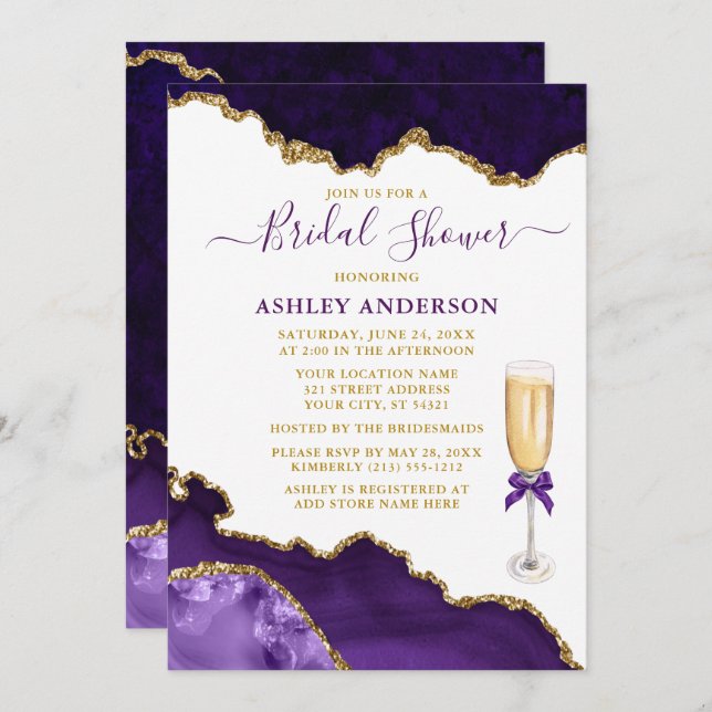 Bridal Shower Watercolor Purple Marble Geode Gold Invitation (Front/Back)