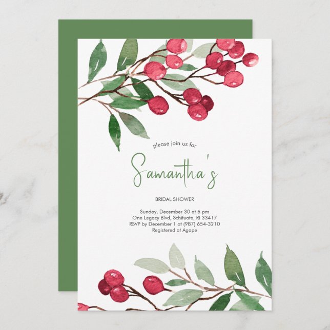 Bridal Shower Watercolor Red Berries Holiday Party Invitation (Front/Back)