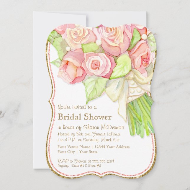 Bridal Shower Watercolor Rose Bouquet Satin Pearls Invitation (Front)