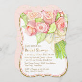 Bridal Shower Watercolor Rose Bouquet Satin Pearls Invitation (Front/Back)