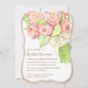 Bridal Shower Watercolor Rose Bouquet Satin Pearls Invitation