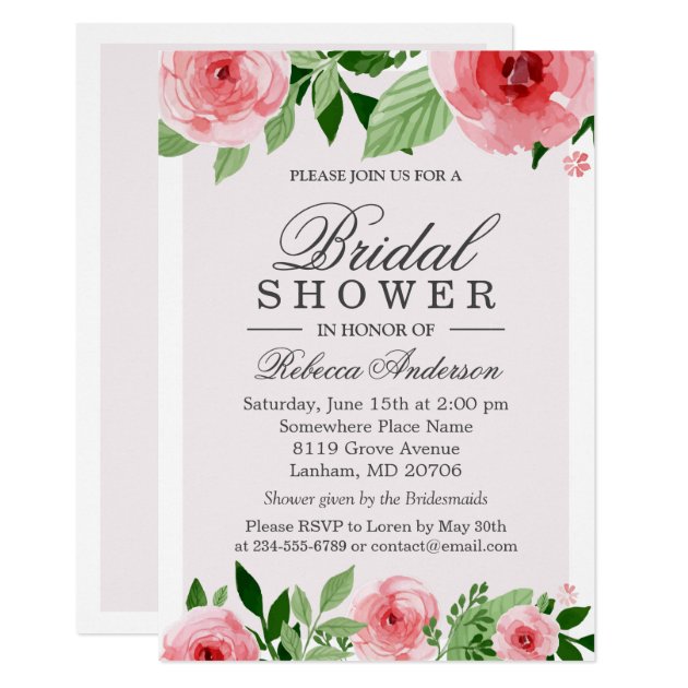 Bridal Shower Watercolor Rose Flowers Botanical Invitation