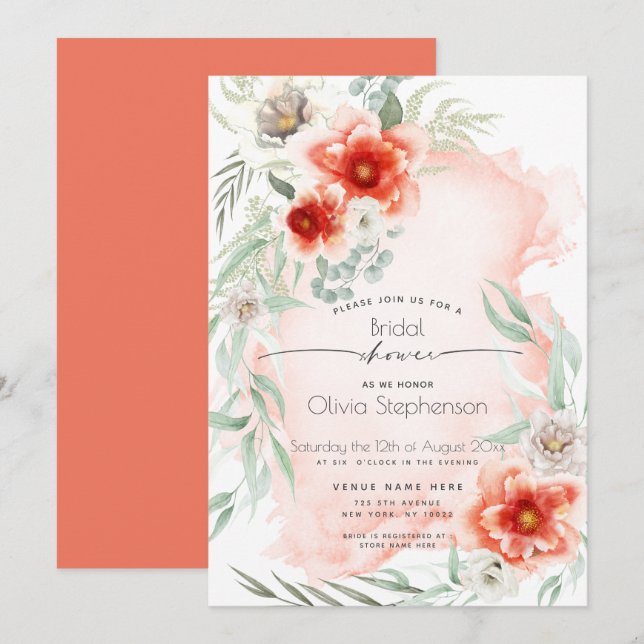Bridal Shower  | Watercolor Scarlet Flame Floral Invitation (Front/Back)