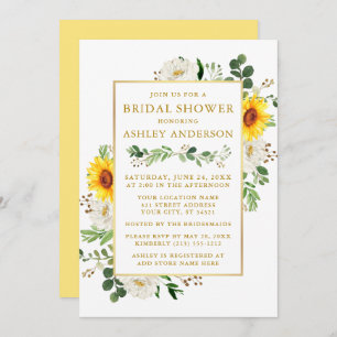 Bridal Shower Watercolor Sunflowers White Floral Invitation