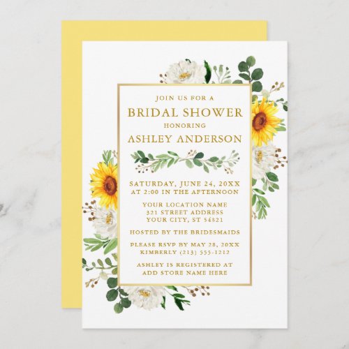 Bridal Shower Watercolor Sunflowers White Floral Invitation