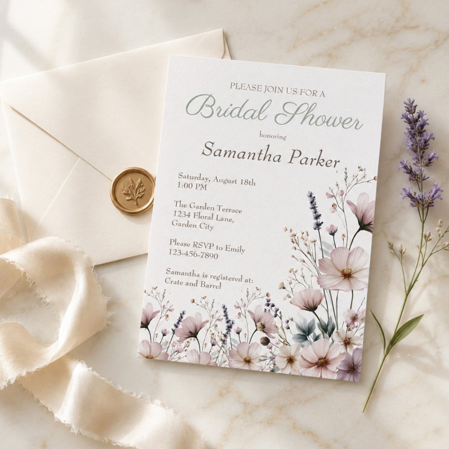 Bridal Shower Watercolor Wildflower Blush Purple  Invitation