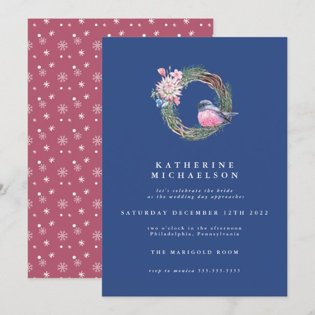 BRIDAL SHOWER | Watercolor Winter Sparrow Wreath  Invitation (Front/Back)